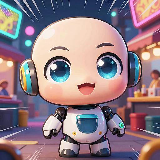 Cheerful Chibi Robot in Cyberpunk Market