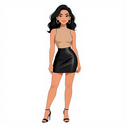 Digital illustration of a confident woman with medium skin tone, long black hair, wearing a beige sleeveless top, black leather skirt, and black high heels
