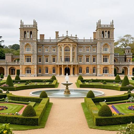 Photograph of an elegant, Gothic-style mansion with intricate stonework, symmetrical windows, and a central fountain surrounded by manicured, geometric gardens