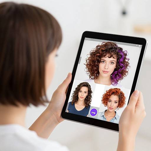 Photograph of a person with brown hair holding a tablet displaying four portraits of women with curly hair, including one with purple highlights, against a white background