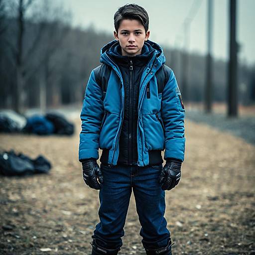 Teen Boy in Blue Jacket Outdoors