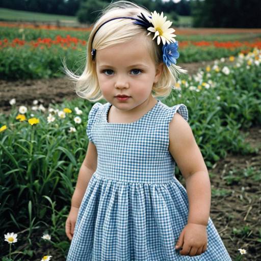 Blonde Toddler Girl in Blue Dress Outdoors