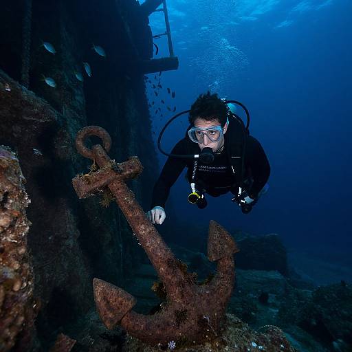 Photograph of a male scuba diver in black gear exploring a dark, blue underwater shipwreck with rusted anchor, surrounded by fish.