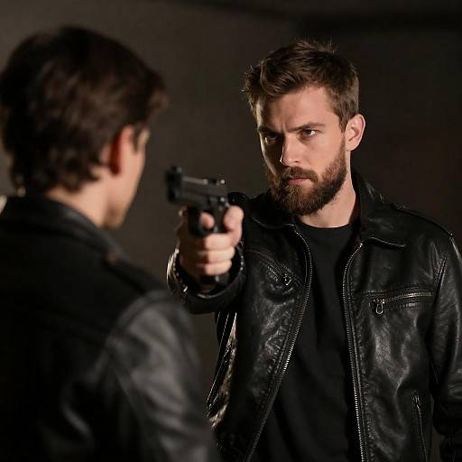 Bearded Man Gunpoint Leather Jacket Standoff