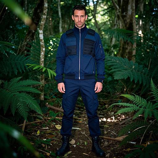Photograph of a serious, bearded man in dark tactical gear standing in a dense, green forest with ferns and trees.