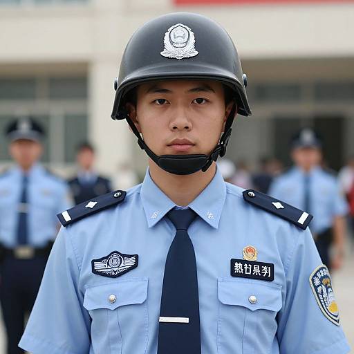 Photograph of a serious young Asian male police officer in light blue uniform, black helmet, and tie, with blurred background.