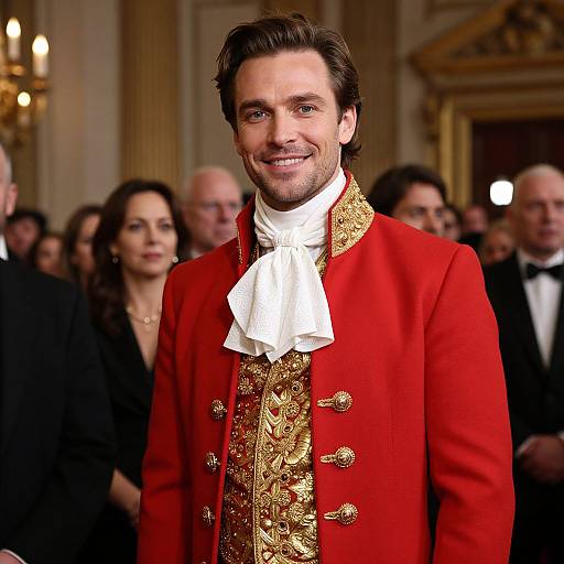 Photograph of a smiling man with dark hair in a red, ornate military-style coat with gold embroidery and white cravat, standing in a
