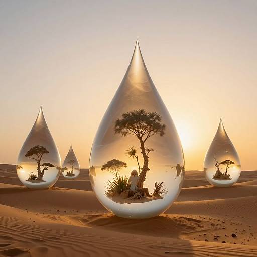 Photorealistic digital art: Clear glass teardrop bubbles in desert, each containing silhouetted acacia trees, illuminated by golden sunset,