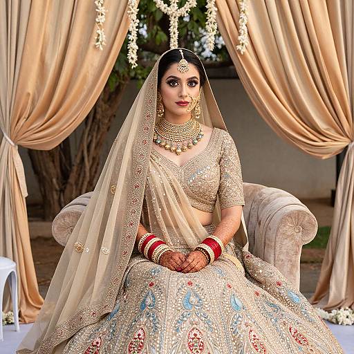 Photograph of an Indian bride in a gold and beige embroidered lehenga, red bangles, and jewelry, seated on an ornate chair, with