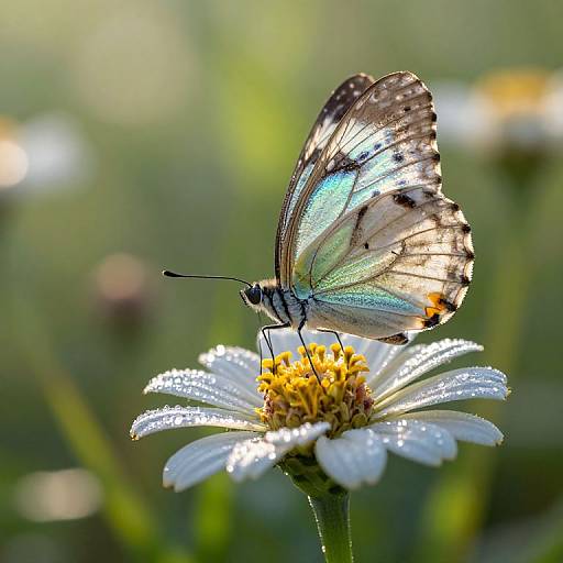 Iridescent Butterfly on Dewy Flower