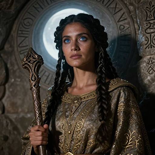 Photograph of a young woman with blue eyes, dark braided hair, and gold-embroidered medieval dress, holding an ornate staff,