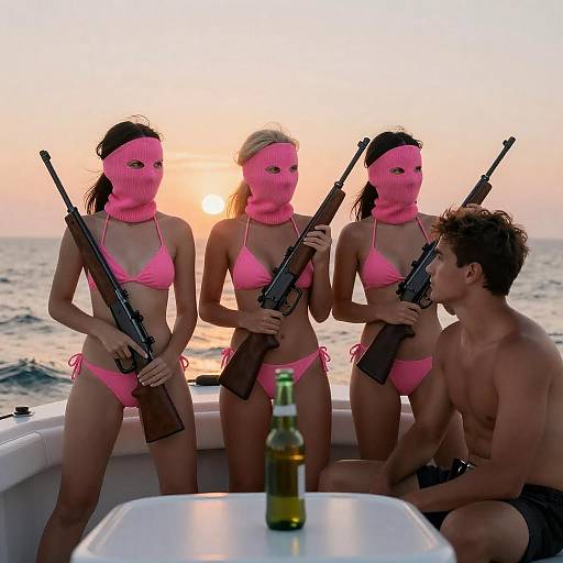 Sunset Boat Scene with Unconventional Attire