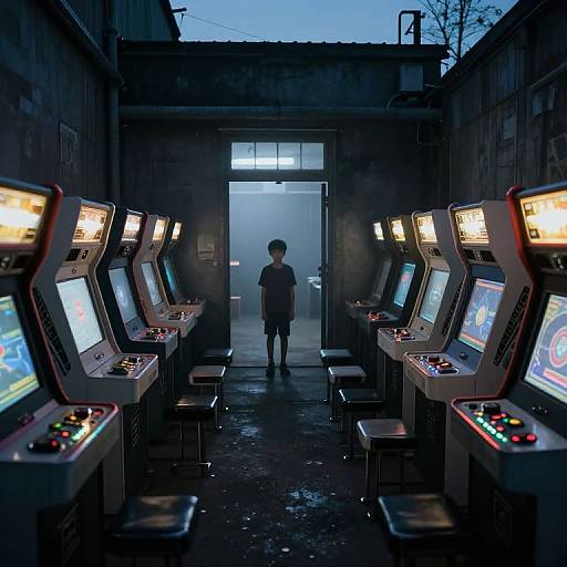 Photograph of a lone person standing in a dimly lit, misty arcade hallway, surrounded by brightly lit, colorful arcade machines.