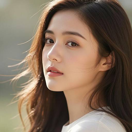 Photograph of an Asian woman with long, brown hair, fair skin, and soft brown eyes, looking slightly to the left, sunlight highlighting her face