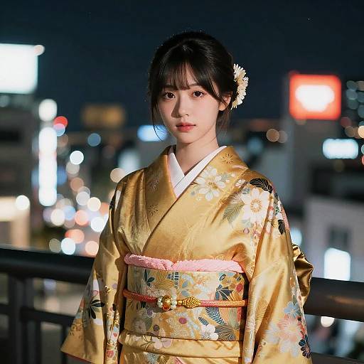 Photograph of an Asian woman in a golden floral kimono with pink obi, wearing a white hairpin, against a night cityscape with blurred