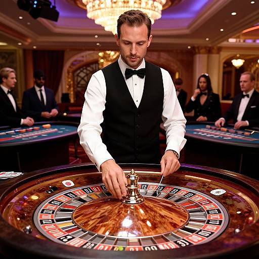 Photograph of a male casino dealer in a black vest and bow tie, spinning a roulette wheel in a luxurious, dimly-lit casino with ch