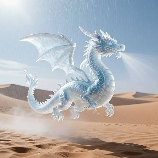 Photorealistic digital artwork of a glowing, translucent blue dragon with icy wings and sharp claws, leaping in a desert under bright sunlight with sand d