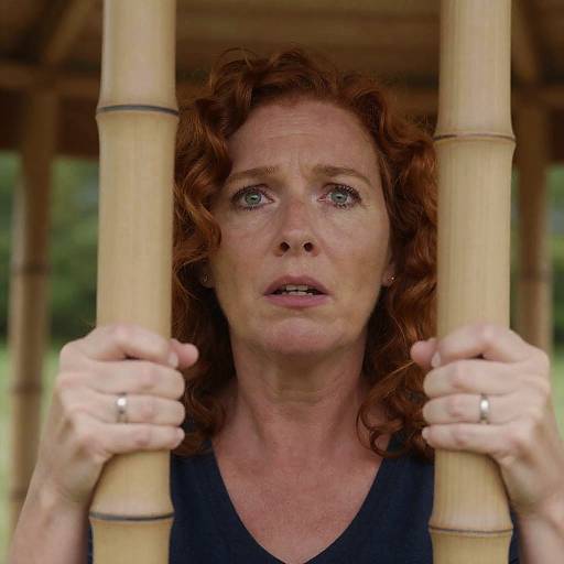 Concerned Middle-Aged Woman with Bamboo Poles