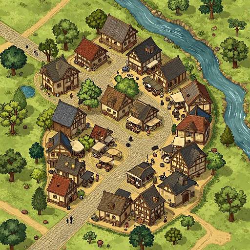 Isometric digital drawing of a quaint village with wooden houses, cobblestone streets, riverside, green trees, and people sitting at outdoor tables.