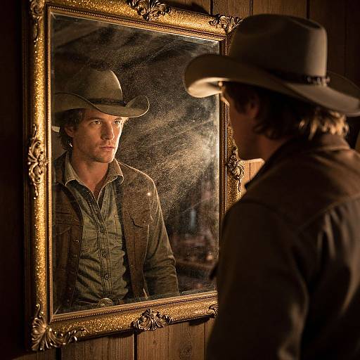 Photograph of a man in a cowboy hat and green shirt, standing in dimly lit wooden room, gazing at himself in an ornate gold