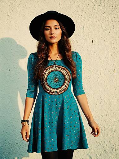 Bohemian Woman in Dreamcatcher Dress and Black Hat