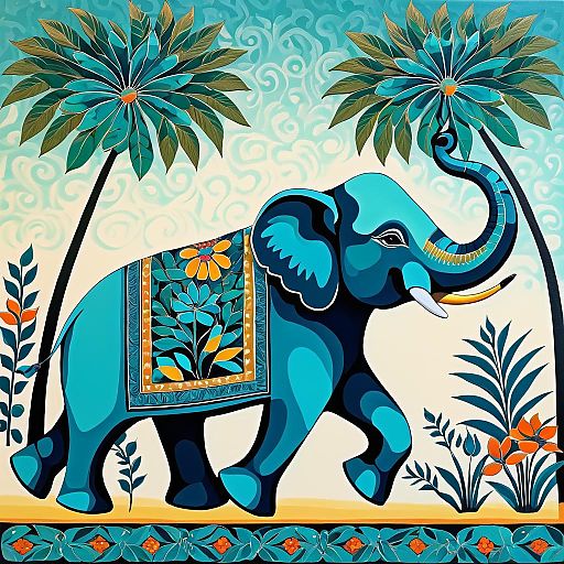 Dancing Elephant in Teal Folk Art Dancing Elephant in Teal Folk Art