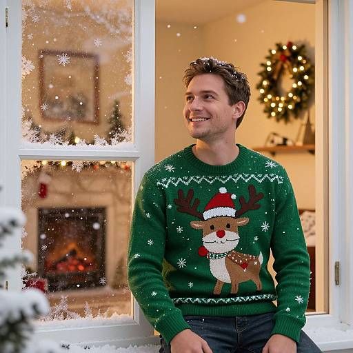 Photograph of a smiling man with short brown hair, wearing a green Christmas sweater with a reindeer graphic, sitting in a warmly lit room with a
