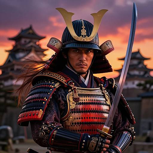 Photograph of a fierce Japanese samurai in intricate armor, holding a katana, against a vibrant sunset with traditional Japanese architecture in the background.