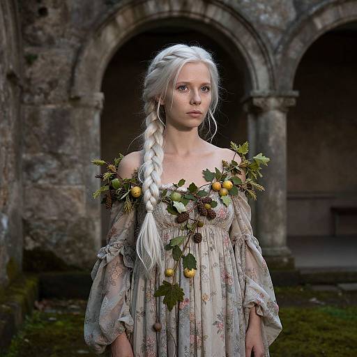 Photograph of a pale-skinned woman with long white braided hair, wearing an off-shoulder floral dress adorned with leaves and yellow berries,