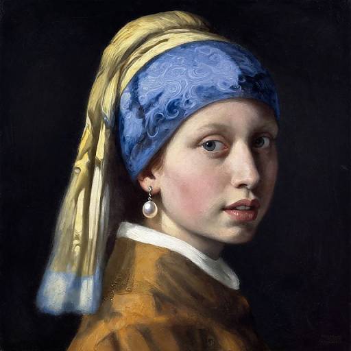 Digital rendering of a classic Baroque portrait: pale-skinned woman with blue headscarf, yellow and gold veil, pearl earring, brown robe