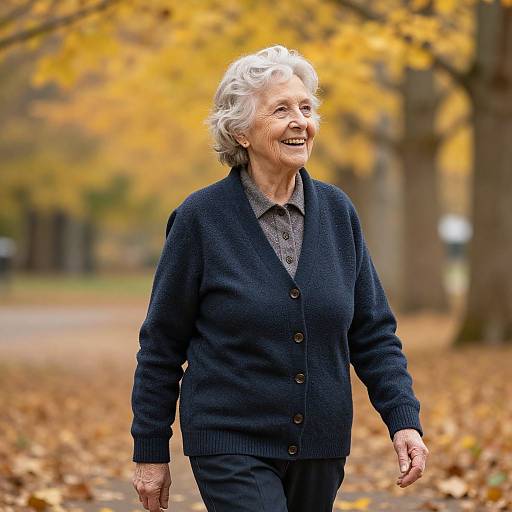 Photograph of an elderly white woman with short, curly gray hair, wearing a navy cardigan and gray shirt, smiling while walking in an autumn park