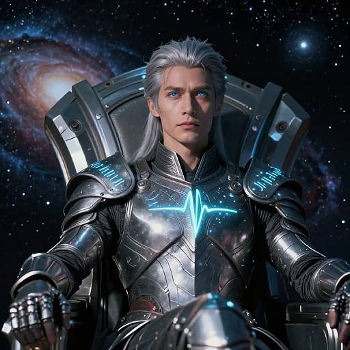 CGI image of a silver-haired man in futuristic metallic armor with glowing blue accents, seated in a spaceship chair against a starry galaxy background.