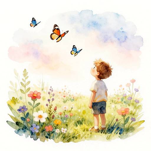 Boy Gazing at Butterflies in Wildflower Meadow