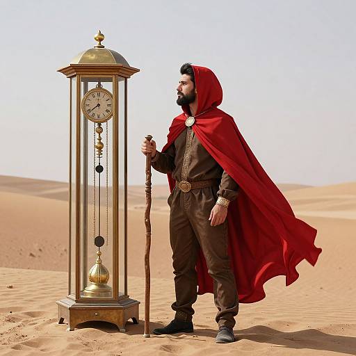 Bearded Man with Staff and Pendulum Clock