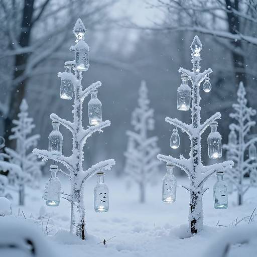 Photograph of two snow-covered, illuminated evergreen trees with clear glass ornaments in a snowy, foggy forest, creating a magical winter scene.