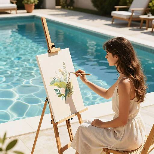 Woman with long brown hair, wearing a white dress, paints a plant on an easel by a bright blue pool. Sunny outdoor scene.