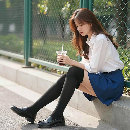 Asian Woman Sitting Outdoors in School Uniform