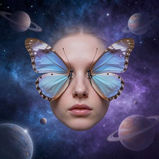 Photograph of a pale-skinned face with large, blue, glowing butterfly wings covering the eyes, set against a cosmic background with planets and stars.