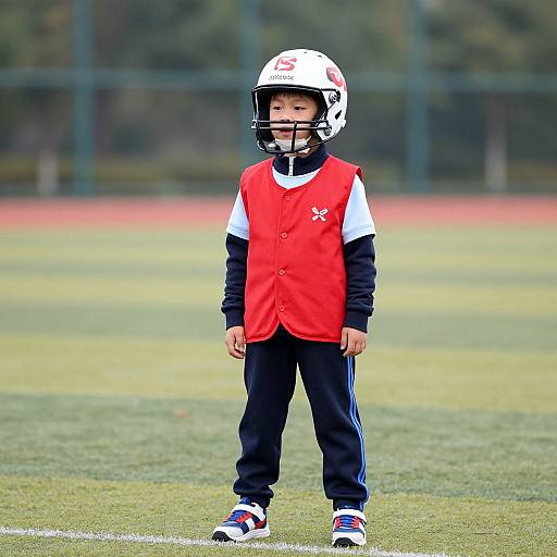 Photograph of a young boy standing on a grassy football field, wearing a red jersey, black pants, white helmet, and blue-and-white shoes