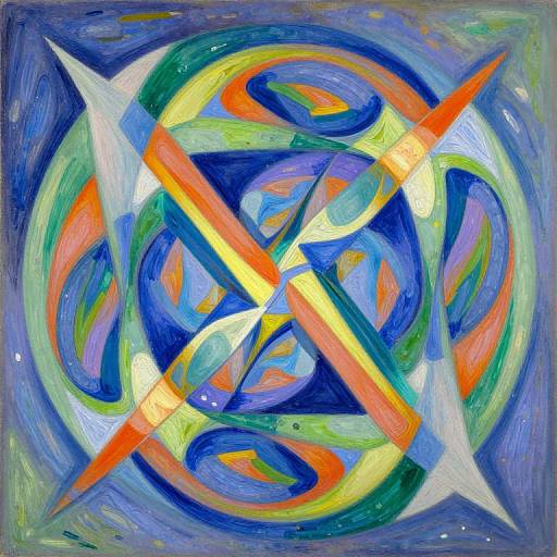 Vibrant abstract painting with swirling blue, green, yellow, and orange patterns, intersected by two bright red and white diagonal lines.