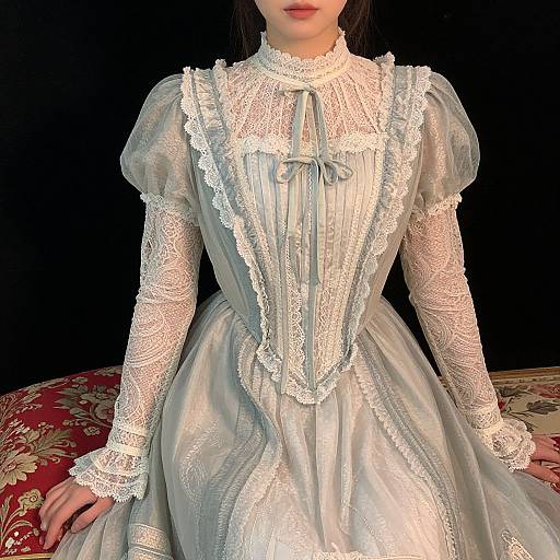 Photograph of a woman in an intricate, white lace Victorian-style dress with puffed sleeves, blue ribbon accents, and a high collar, seated on