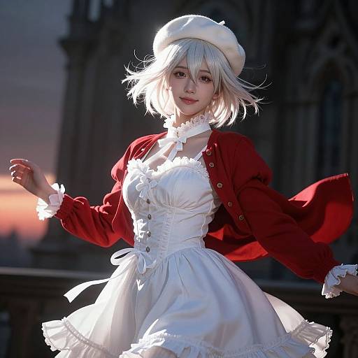 Photograph of an anime-style cosplayer with white bob haircut, white beret, red jacket, and white dress, illuminated by sunset, standing in