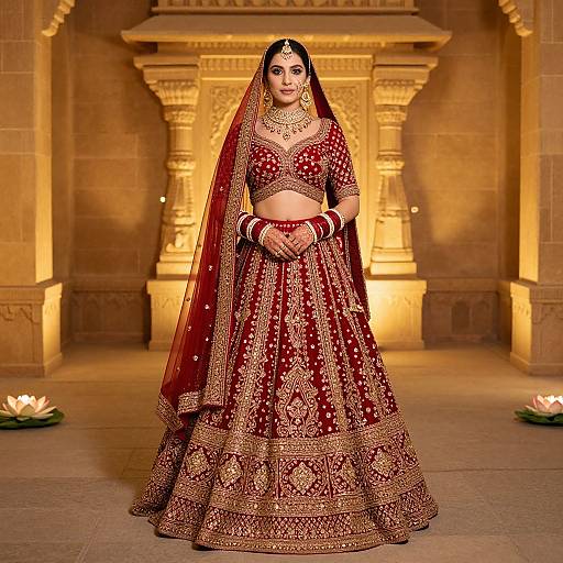 Photograph of a South Asian bride in a red and gold embroidered lehenga and dupatta, standing in a lit, ornate stone temple.