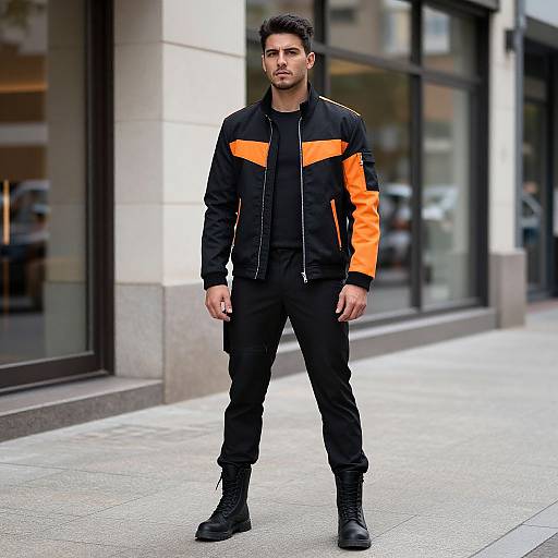 Photograph of a handsome, dark-haired man in a black and orange jacket, black pants, and black boots, standing on a city sidewalk. Modern