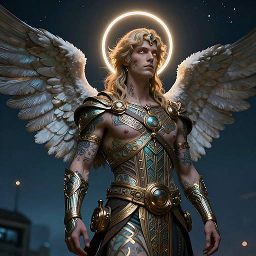 Digital art of a muscular, blonde angel with glowing halo, white wings, and detailed gold armor against a starry night sky.