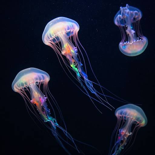 Photograph of vibrant, multicolored jellyfish with translucent, bell-shaped bodies and flowing, glowing tentacles against a dark blue underwater background.
