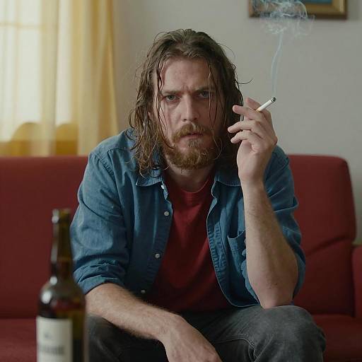 Intense Man on Red Couch Scene