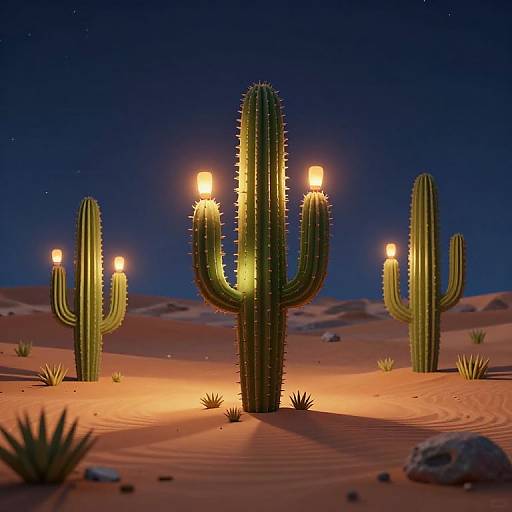 Photograph of glowing desert cacti at night, illuminated against a deep blue starry sky, with orange sand and sparse desert vegetation.