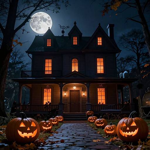 Photograph of a spooky, illuminated Victorian house at night, with glowing orange windows, full moon, and carved jack-o'-lanterns lining a