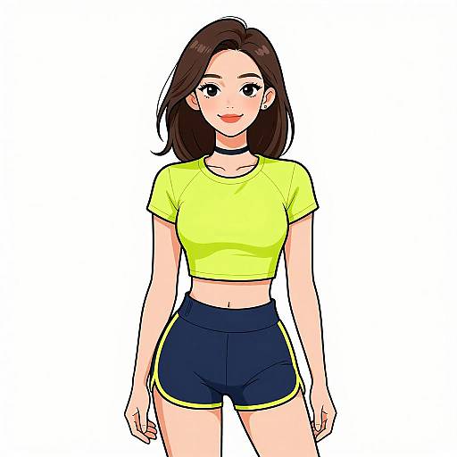 Digital anime-style drawing of a smiling young woman with straight brown hair, wearing a bright yellow crop top and navy blue shorts with yellow trim, against a